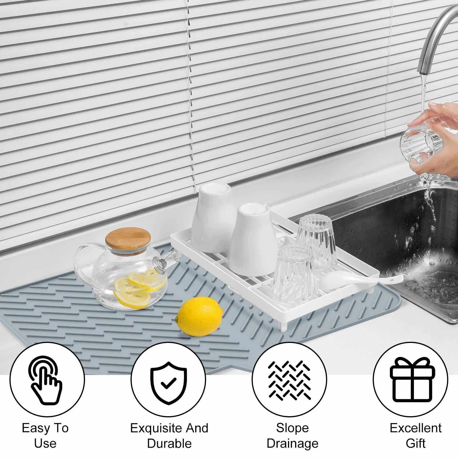 Dish Drying Mat Ultra Absorbent Silicone Drying Mats Non-Slip Fast Drying Draining Mat Heat Resistant Kitchen Dish Drying Pad